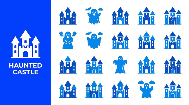 Haunted castle and spooky ghost icon set in blue