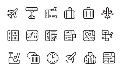 Fototapeta premium Collection of aviation and travel icons including airplane, luggage, and airport elements.