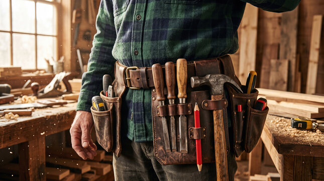 Bearded carpenter wearing a leather tool belt with chisels and hammer examines a wooden plank in a rustic sunlit woodworking workshop.