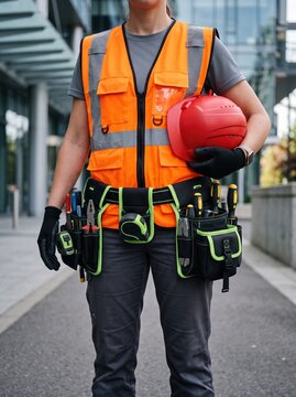 Worker wearing a bright orange safety vest and tool belt holds a red hard hat, standing outside a glass office building for site inspection. Cropped photo of professional builder in working uniform.