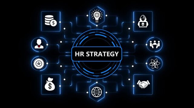 HR Strategy Dashboard with Intelligent Workforce Analytics and Digital Enterprise Management on Dark Blue Background