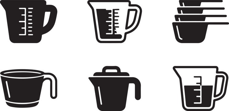 Six black kitchen measuring cup icons in a row Vector