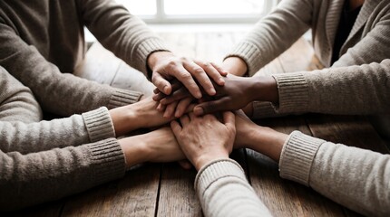 Fototapeta premium Group of people stacking hands together showing teamwork and unity 