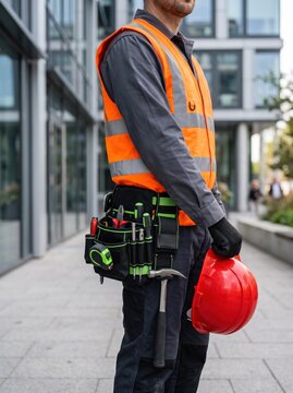 Worker wearing a bright orange safety vest and tool belt holds a red hard hat, standing outside a glass office building for site inspection. Cropped photo of professional builder in working uniform.