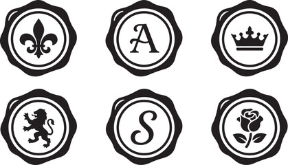 Set of six vintage style heraldic emblems with fleur de lis, crown, lion, rose and letters Vector © Nur