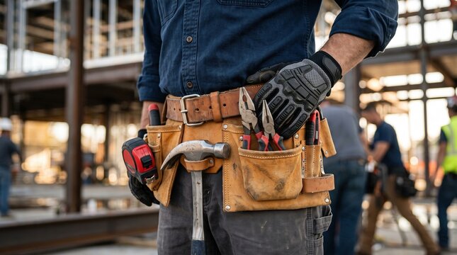 Close-up of a construction worker's tool belt holding a hammer, pliers, and tape measure, standing at an active building site with wearing gloves.