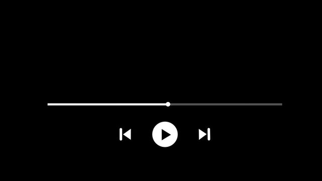 Minimalist white media player interface featuring smooth progress bar loading animation and playback control set against a clean solid black background, for ui ux projects