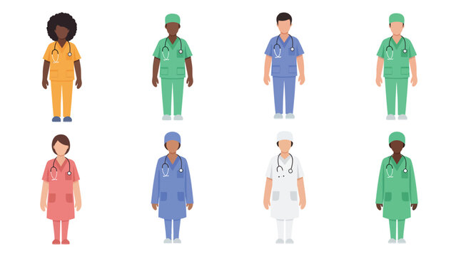 Diverse group of medical professionals and healthcare workers standing together, wearing various scrubs and uniforms.