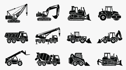 Obraz premium Corporate Collection of Black and White Heavy Construction Equipment Icons Set with high quality professional line art symbols for modern creative design and digital branding projects