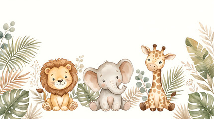 Naklejka premium Cute Nursery Safari Animals Banner Background Watercolor Vector Illustration