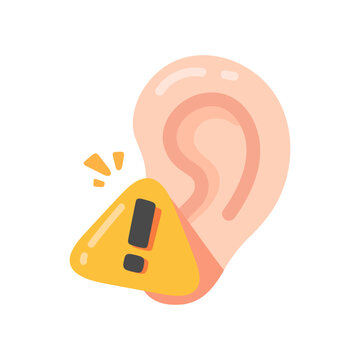 Stylized graphic depicting a human ear with a prominent warning sign indicating potential hearing problems