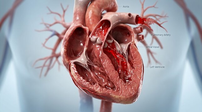 Detailed Human Heart Anatomy with Blood Flow in Valves