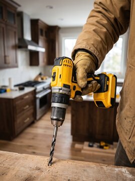 Close-up of a power drill boring into a wooden plank floor with sawdust scattering, set inside a home under renovation with a modern kitchen. Home renovation concept
