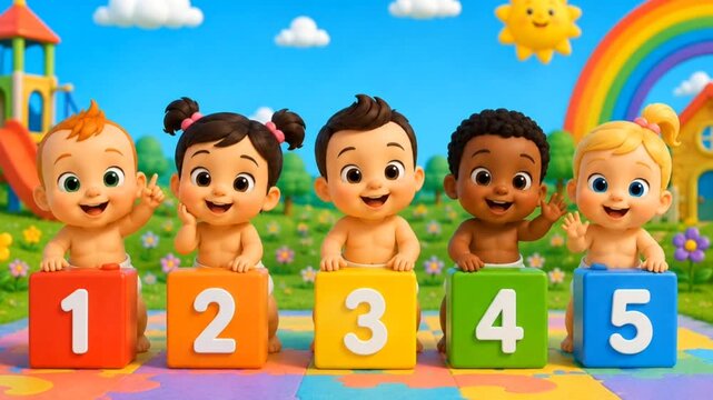 Animation happy children with colorful balloons numbers education teaching 
