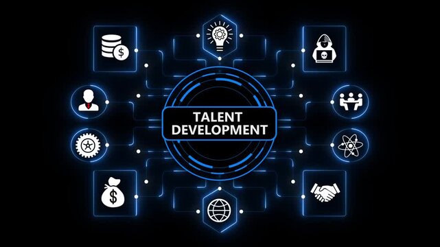 Talent Development Dashboard with Intelligent Learning Systems and Enterprise Growth on Dark Blue Background
