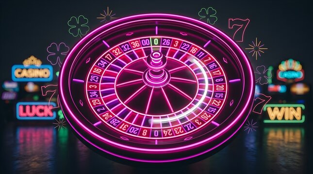 Vibrant neon roulette wheel spinning with glowing pink light in a dark casino setting featuring lucky symbols and game numbers