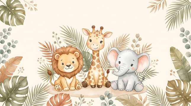Cute Safari Animal Friends In Tropical Botanical Frame Watercolor Background
