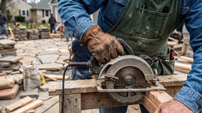 Construction worker in denim and canvas apron holds a spinning circular saw, standing outdoors near stacked stone slabs and wood planks.