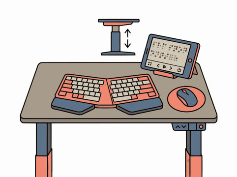 Isolated Inclusive Workspace Ergonomic Split Keyboard and Braille Reader Vector, "Created with AI assistance and manually refined."