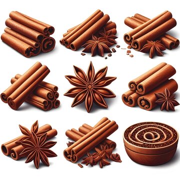 Set of cinnamon stick piles isolated on white background3
