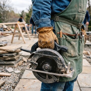 Construction worker in denim and canvas apron holds a spinning circular saw, standing outdoors near stacked stone slabs and wood planks.