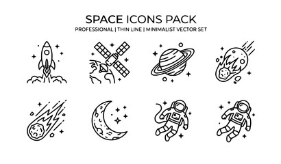 Thin Line Space Icons Pack with Rocket Meteorite and Satellite © Md Monirul