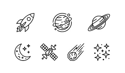 Space Outline Icons Set with Rocket Planet Satellite and Meteorite Vector © Md Monirul