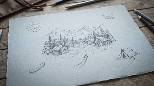 Pencil sketch drawing of mountain landscape scene on paper
