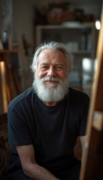 Portrait of a smiling elderly man with white hair and beard, wearing a black shirt, sitting indoors in a warm, softly lit environment.