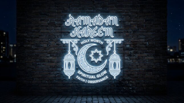 Bright glowing neon sign displaying ramadan kareem text with traditional lanterns and crescent moon on a dark rustic brick wall