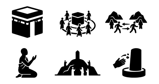 Islamic Hajj pilgrimage icon set, 6 black vector symbols of Umrah rituals, Kaaba and prayer silhouette collection for religious infographics