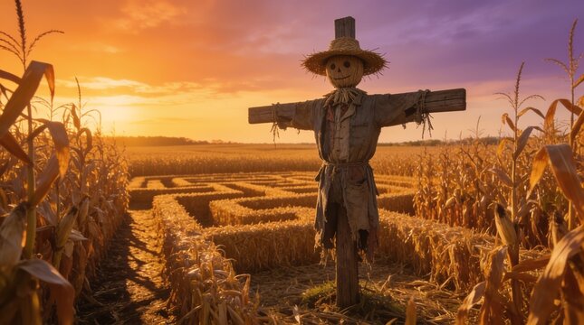 Wooden scarecrow standing in a golden corn maze at sunset during autumn harvest season