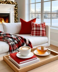 Obraz premium Cozy Christmas reading nook with fireplace, string lights, coffee, tea, books, and plaid blanket near snowy window