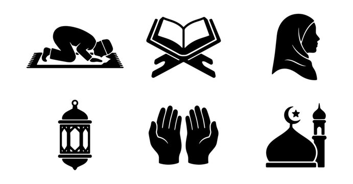 Islamic religion icon set with 6 black vector elements, Muslim prayer and worship symbols, Ramadan lantern and mosque silhouettes for religious design