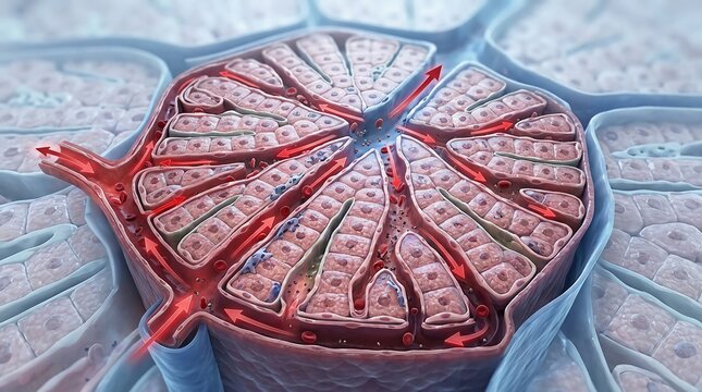 Liver Lobule Blood Flow and Bile Duct Microscopic View