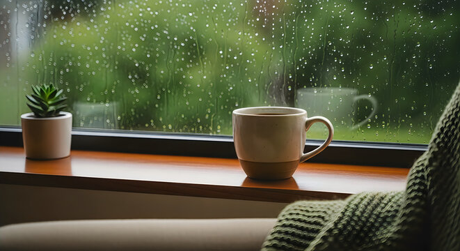 Rainy day comfort coffee and succulent on window sill