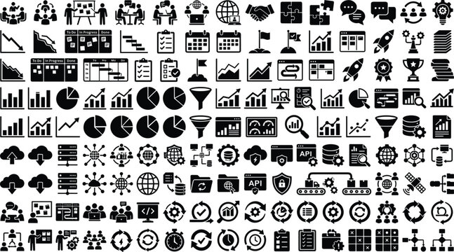 Business Management and Data Analytics Icon Set for Project Planning and Technology Systems Vector
