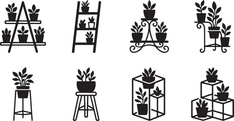 Fototapeta premium Eight creative plant stands and shelves with potted plants vector illustration Vector