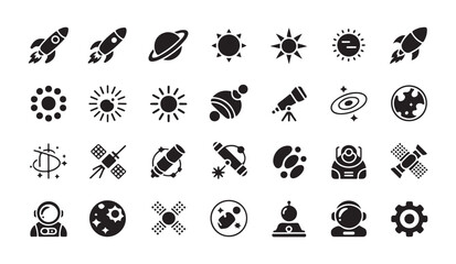 Space icons set collection including rocket planet solar system telescope satellite astronaut and gear symbols. © Ripon