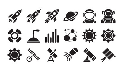 Astronomy and space exploration icon set depicting rockets astronauts satellite telescope gear and charts. © Ripon
