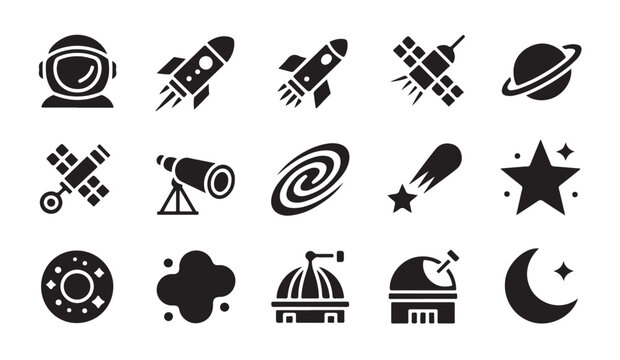 Space and astronomy icon set with rocket astronaut planet telescope star satellite observatory moon design.