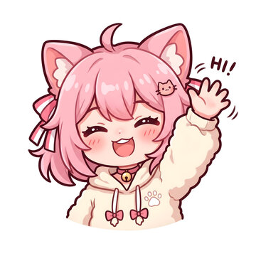Chibi girl, cat ear, pink hair, waving hand say hi and goodbye