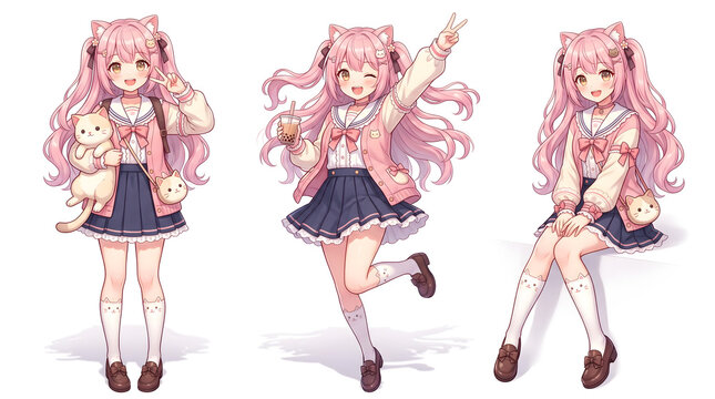 Anime girl poses, wear Japanese school uniform