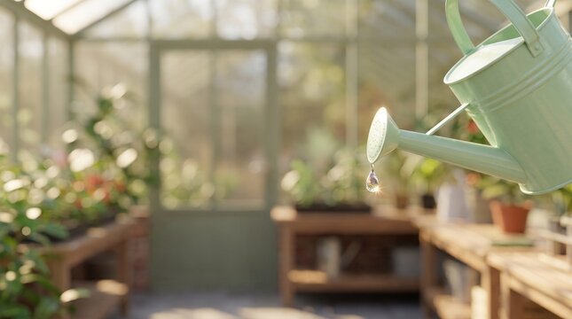 3D Pastel Green Watering Can Blurred Sunny Greenhouse