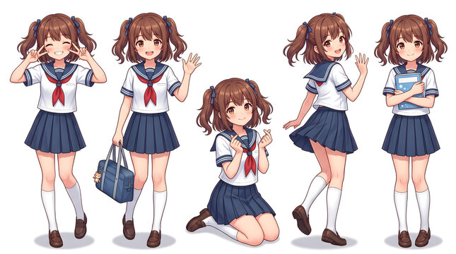 Anime girl poses, wear Japanese school uniform
