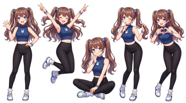 Anime style girl, blue sport outfit