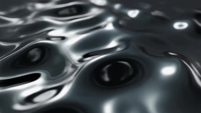 Reflective liquid metal ripples across dark surface, reshaping with shifting mirror highlights under dramatic side lighting, creating futuristic cinematic macro texture and fluid motion.