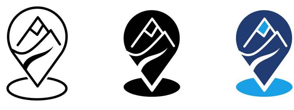 Mountain location pin icon set in outline, glyph, and duotone style. Symbol for hiking trail, nature destination, outdoor adventure, camping site, travel map marker, and peak discovery.