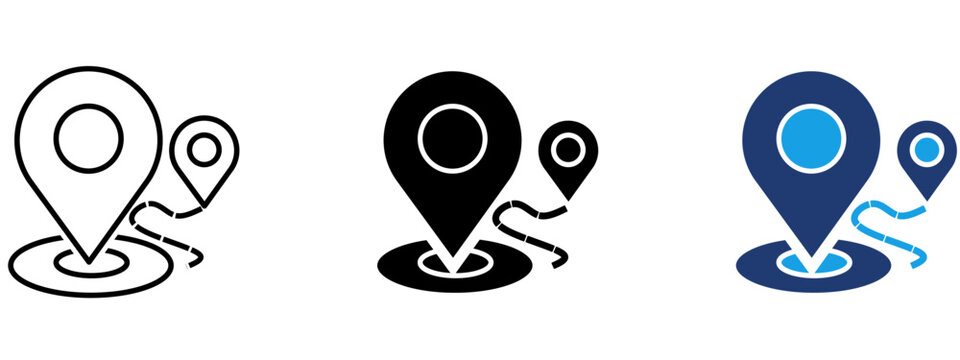 GPS location pin icon set with route path in outline, glyph, and duotone style. Symbol for navigation, travel destination, distance tracking, wayfinding, address mark, and local spot.