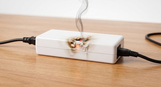 Power supply unit smoking and burning on wooden desk showing dangerous short circuit.